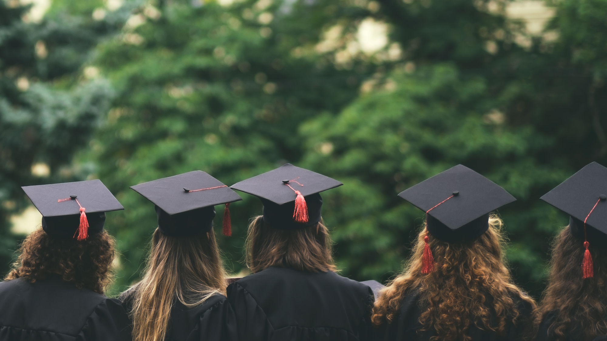 Five girls in caps and gowns facing away from the camera